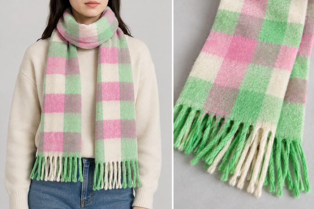 Yellow the label Plaid Scarf Green Pink Cream Oversized Fringe